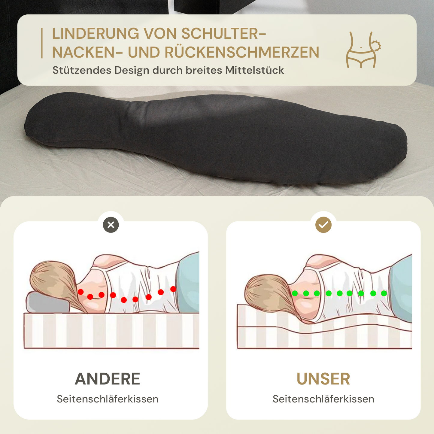 Ergonomisches Seitenschläferkissen – gegen Rücken-, Nacken- & Schulterschmerzen
